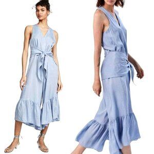 Tibi Jumpsuit Women 4 Blue Tie‎ Waist Sleeveless Boho Cottagecore Ruffle Hem
